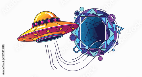 Colorful illustration of a UFO flying towards a large blue gemstone on a white background during the day in a fantastical world.