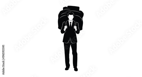 Businessman wearing a suit carrying a large heavy backpack, concept of work burden, professional stress, career pressure, heavy workload, corporate responsibility