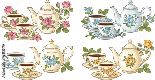 Vintage Floral Teapot and Cup Set Illustrations with Rose, Bluebell, and Yellow Flower Designs, Perfect for Tea Party, Kitchenware, and Decorative Themes