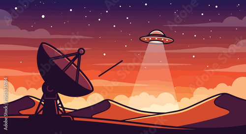 A cartoon satellite dish pointing at a UFO in the sky on a world day with orange clouds and stars.