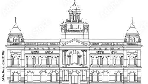 Intricate architectural line art illustration of a historic government building or museum facade featuring classical domes and ornate windows for travel and history concepts.