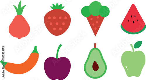 Colorful flat design icons of various fruits and vegetables on white background