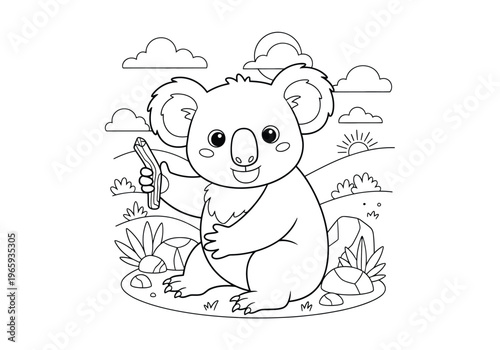Cute cartoon koala holding a stick in a natural landscape with clouds, sun, and plants, coloring page for kids, line art illustration