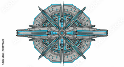 Symmetrical illustration of a futuristic UFO-like structure with blue accents on a white background, representing a conceptual world design on a day of innovation.