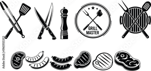 Large collection of BBQ grill master vector icons featuring meat steaks sausages tongs knives and spatula silhouettes for barbecue restaurant menu and summer cookout designs