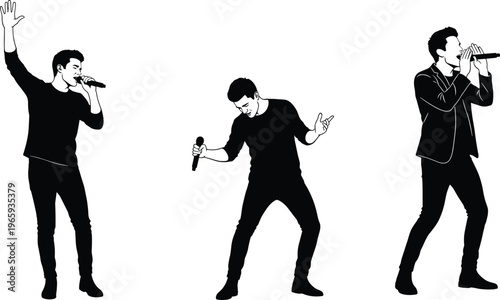 Male singer silhouettes, microphone performance, live music concert, vocal artist poses, stage entertainment, isolated black figures, singing man, dynamic performance concept