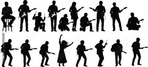 Large collection of musician silhouettes including guitarists drummers and singers performing live music on stage for rock band posters and entertainment vector illustrations.