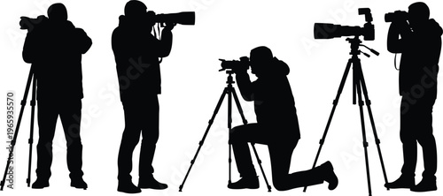 Professional photographer silhouettes collection with digital SLR cameras on tripods and telephoto lenses capturing media press photos for journalism and creative photography.