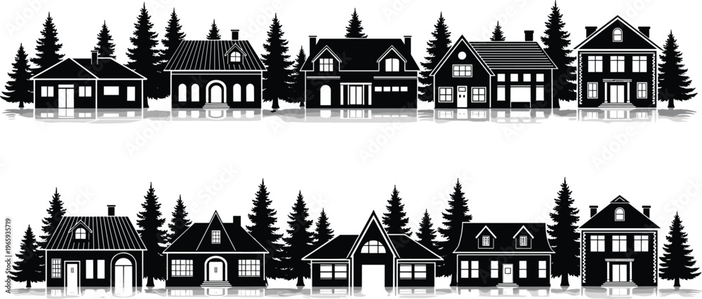Naklejka premium Suburban neighborhood house silhouettes with pine trees forest background and reflections for real estate development community living and residential village vector illustrations.