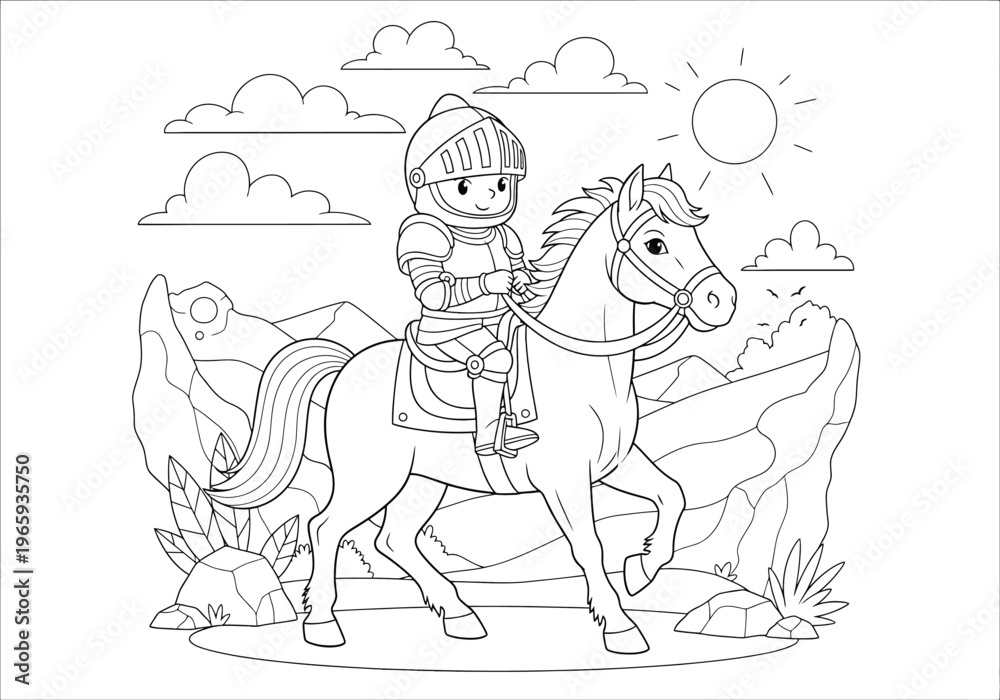 Obraz premium Coloring page for children featuring a cute cartoon knight in armor riding a horse in a beautiful landscape with mountains, clouds, and sun, line art illustration