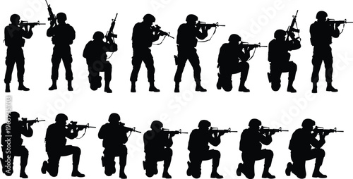 Soldier silhouettes collection with military tactical gear and assault rifles in standing and kneeling positions for army defense and special forces vector illustrations.