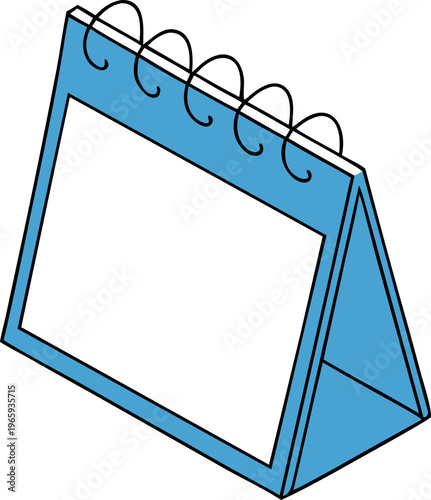 Blue desk calendar with blank white page standing on table or desk for organization and planning