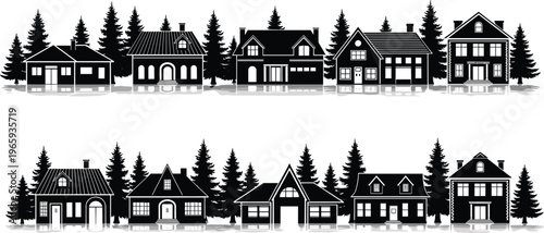 Suburban neighborhood house silhouettes with pine trees forest background and reflections for real estate development community living and residential village vector illustrations.