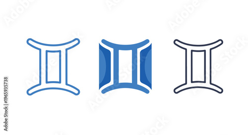 Three identical architectural symbols in blue, black, and white on a plain white background.