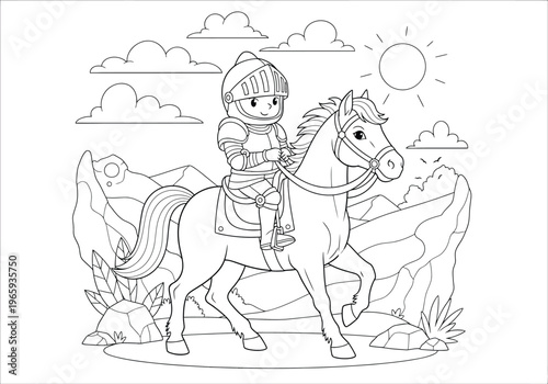Coloring page for children featuring a cute cartoon knight in armor riding a horse in a beautiful landscape with mountains, clouds, and sun, line art illustration