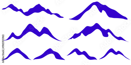 Set of imaginary images of blue mountain silhouettes isolated on white background, vector