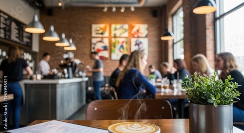 Blurred interior cafe scene with people enjoying coffee and conversation