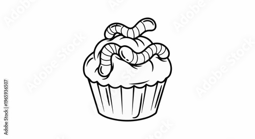 Black and white line art illustration of a cupcake with gummy worms on top