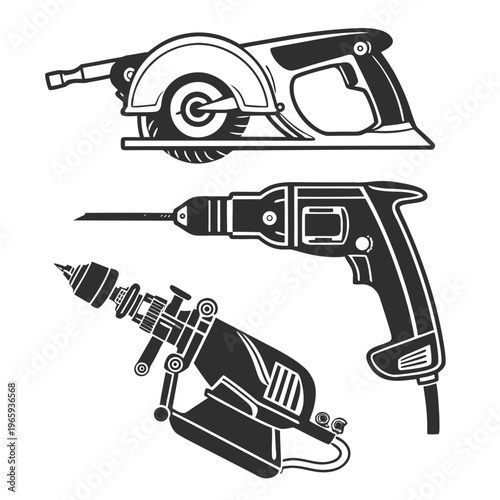 Industrial tools illustration featuring a circular saw, power drill, and rotary tool, black and white design for construction