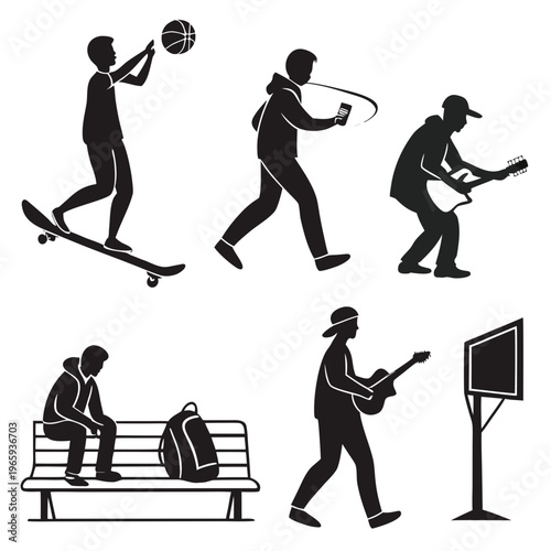 Artistic black silhouettes of teenage boys engaged in various hobbies including skateboarding playing basketball and practicing guitar on bench