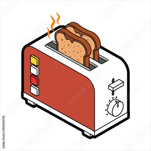 Retro isometric electric toaster with two slices of brown bread and heat steam on white