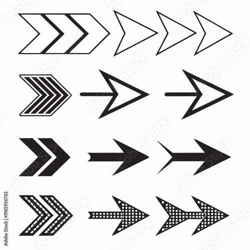 Set of black and white arrow icons depicting various styles of forward movement and direction indication on clean background