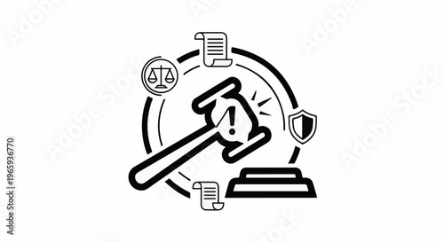 Gavel, scales, shield, and documents symbolize justice, law, and security