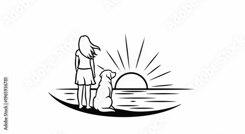 Girl and dog watch a stylized sunset over the ocean