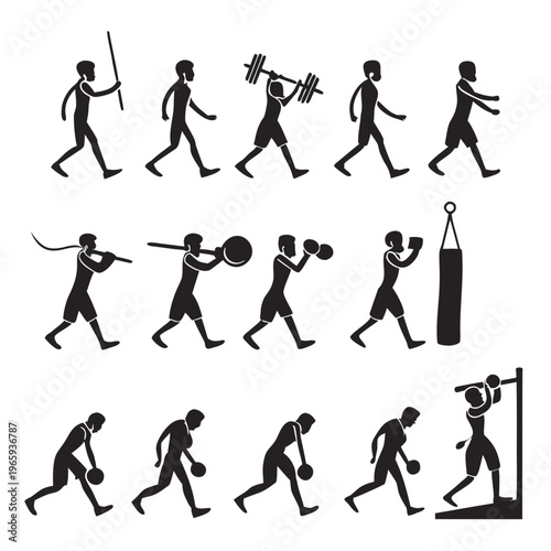 Athletic man silhouettes demonstrating various gym exercises with weights barbells dumbbells and punching bags for fitness training and body care