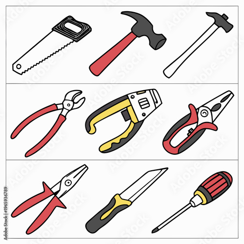 Set of cartoon construction tools including saw hammer pliers wire cutters stapler and screwdriver isolated on white background for diy projects