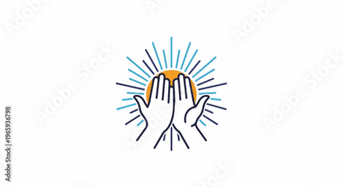 Hands shielding sun with radiating lines