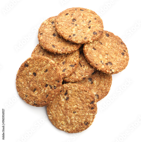 Tasty oatmeal cookies isolated on white, top view