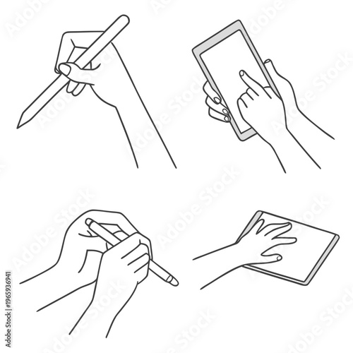 Collection of hands interacting with digital devices holding stylus and touching screens with fingers for various tasks