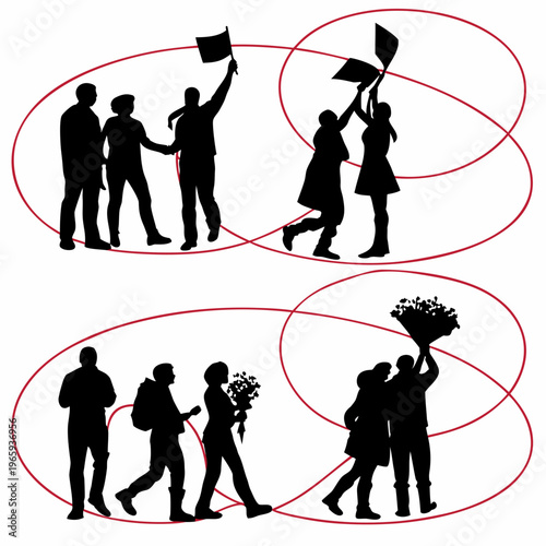 Silhouettes of people at a rally holding flags and flowers symbolizing celebration togetherness community and demonstration