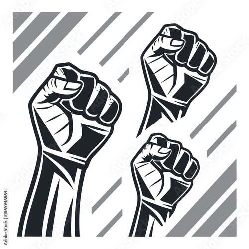 Raised fists vector set with strong powerful graphic design symbolizing protest revolution freedom and activism