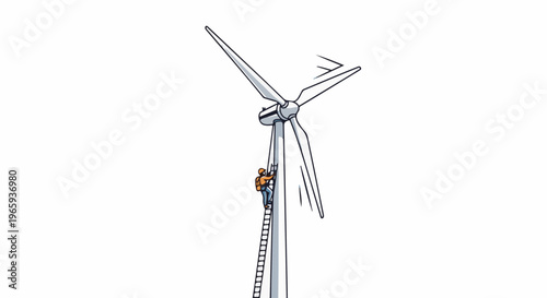 Person climbing ladder on tall wind turbine, maintenance work