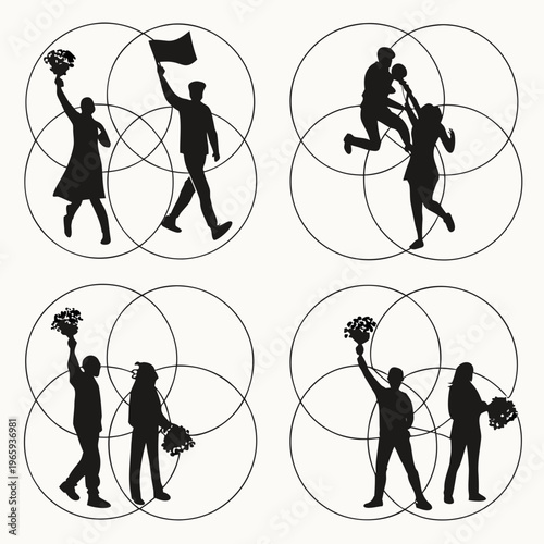 Silhouettes of people holding flowers and flags with Venn diagrams symbolizing connection relationships and shared interests