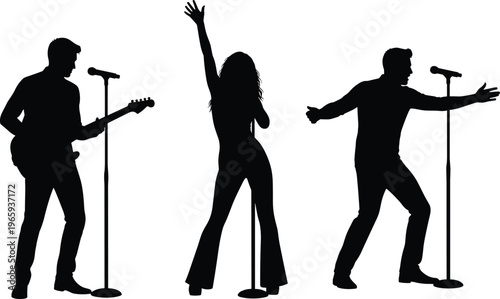 Music band silhouettes, singer guitarist performers, live concert stage, microphone stand, dancing female artist, rock show, entertainment performance, isolated black figures