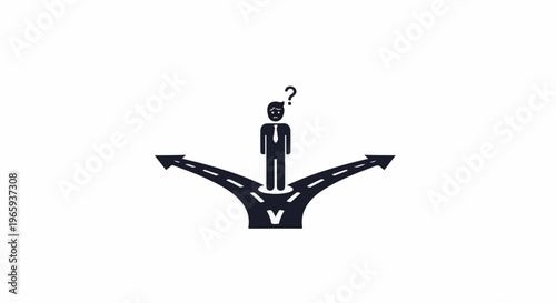 Man at a crossroads looking confused with three diverging paths