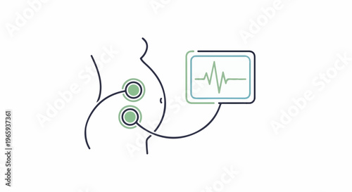Pregnant abdomen with two sensors connected to a monitor displaying a heartbeat waveform