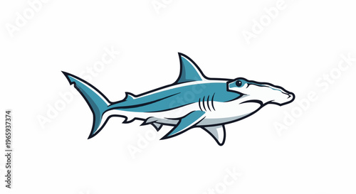 Stylized cartoon of a teal hammerhead shark with white underside