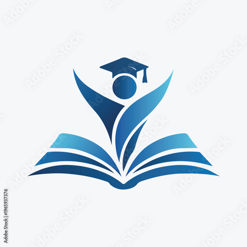 Modern Education Logo with Graduate Figure and Open Book in Blue Gradient