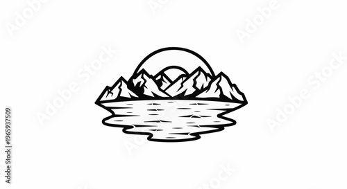 Stylized mountain peaks reflected in calm water under a rising sun