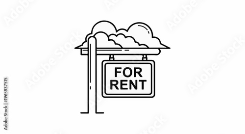 Stylized line art of a "For Rent" sign with clouds above