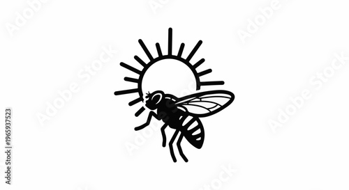 Stylized bee flying in front of a radiant sun graphic