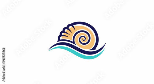 Stylized shell with swirling pattern on abstract waves