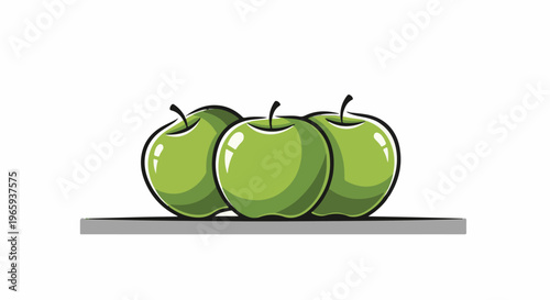 Three bright green cartoon apples sit on a grey shelf