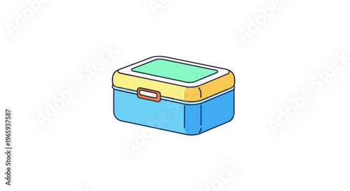 Colorful, cartoon-style lunchbox with a blue base and yellow lid
