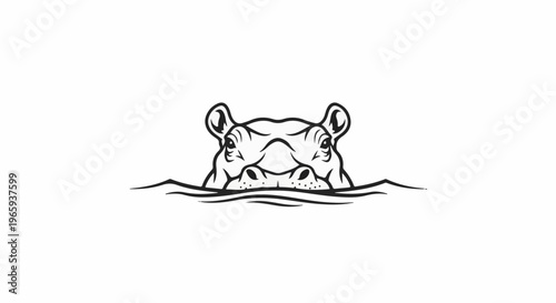 Close up of a hippopotamus head emerging from wavy water, black outline