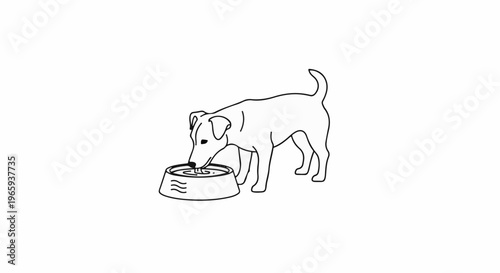 Black and white line drawing of a small dog drinking from a bowl